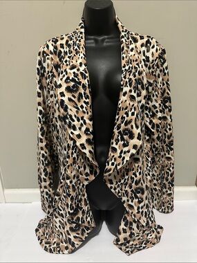 JJ Perfection Leopard Print Draped Open-Front Blazer Jacket - Tan/Black 3X